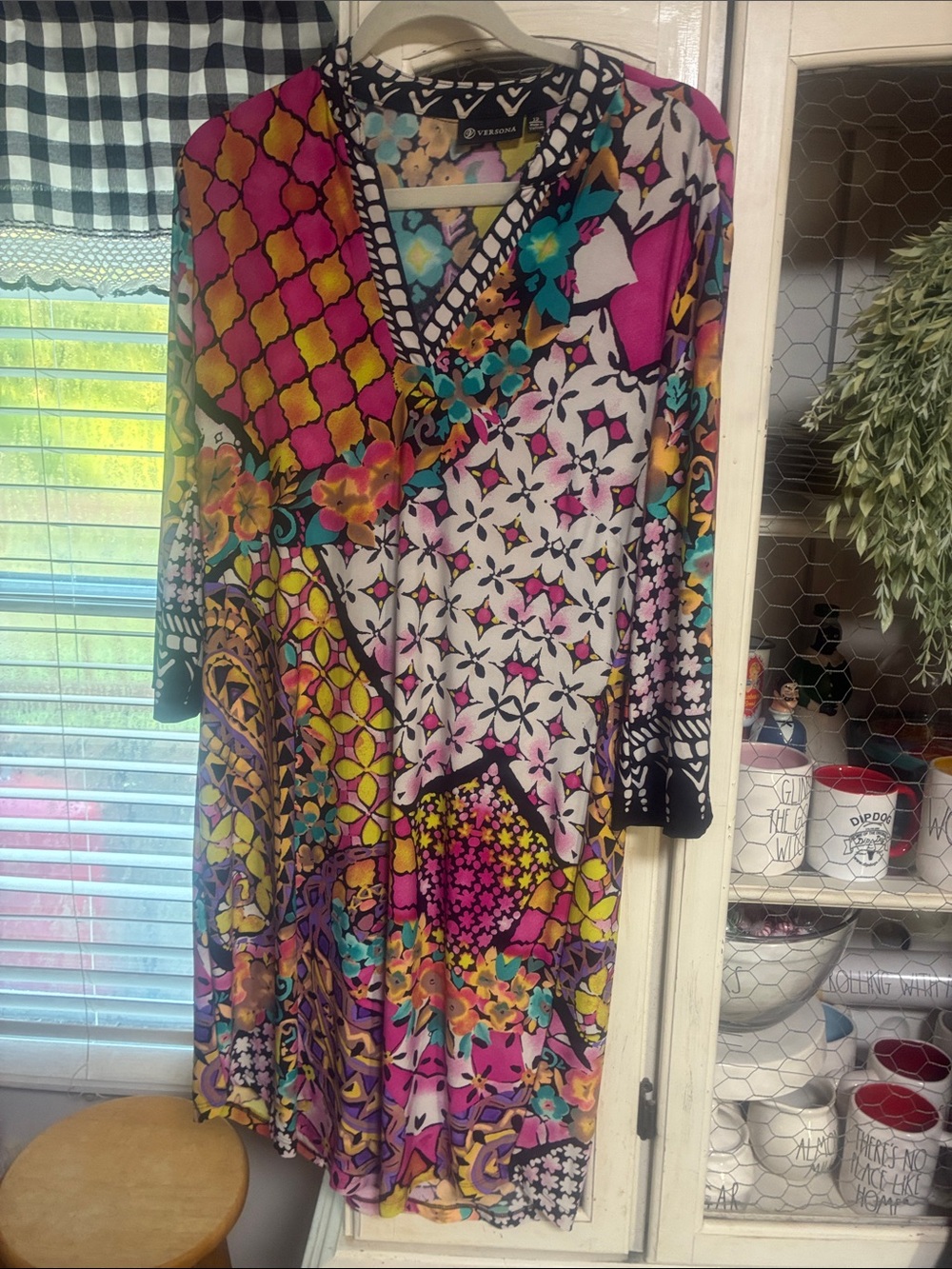 Multicolor Floral & Geometric V-Neck Dress - Pink/White/Yellow